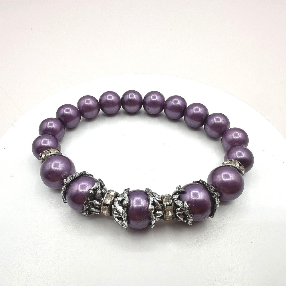 Vintage 90s Silver Tone Purple‎ Faux Pearl Beaded Bracelet Women's Jewelry